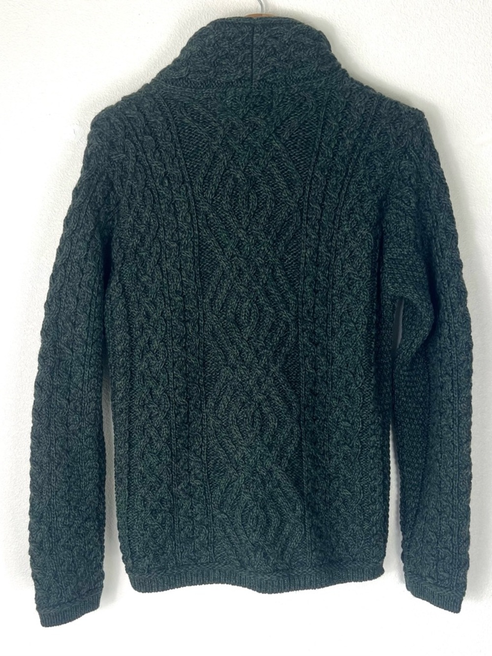 Aran Crafts Marino Wool Green Cable Knit Irish Fisherman Sweater Pockets Medium - Picture 6 of 8